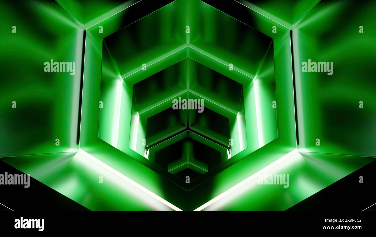Animazione 3D di interni di un'architettura aliena industriale fantascientifica. Design. Al neon all'interno di una nave spaziale aliena. Foto Stock