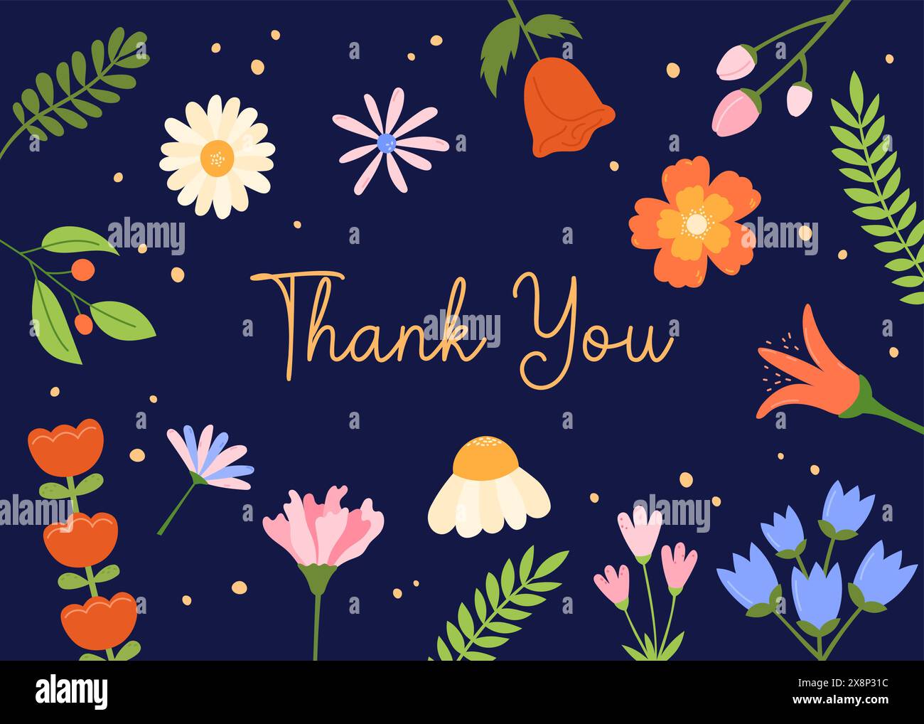 Biglietto di ringraziamento. Design floreale. Fiori e testo carini Grazie. Biglietto d'auguri con sfondo astratto in fiore. Illustrazione vettoriale Illustrazione Vettoriale