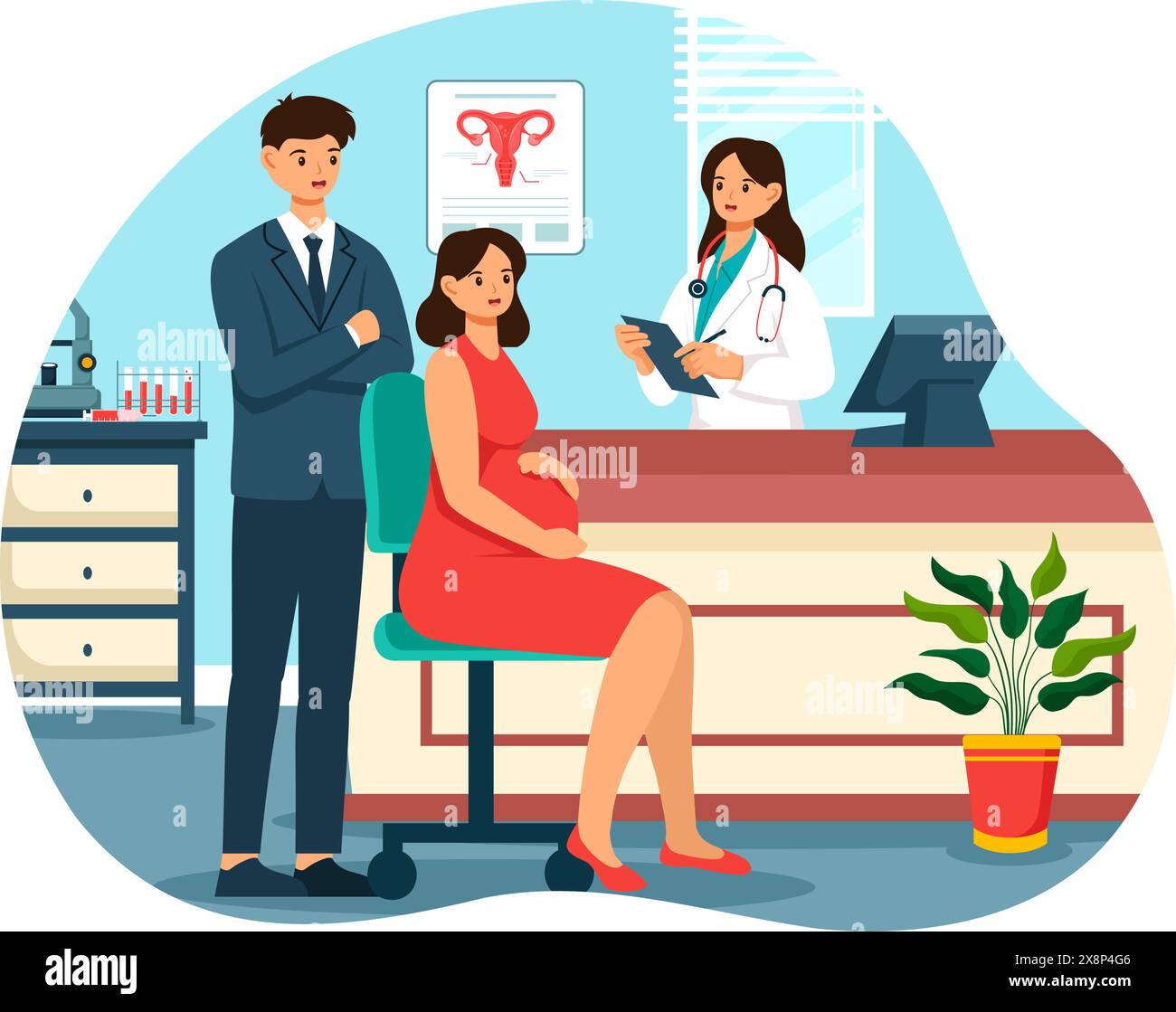 Illustrazione del vettore della clinica di riproduzione con tecnologia di riproduzione assistita, fecondazione delle provette o cella per uova su sfondo cartonato Illustrazione Vettoriale