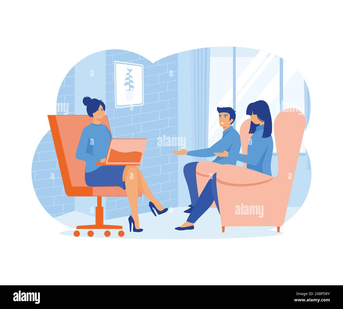 Sposata giovane coppia su appuntamento dello psicologo. Crisi matrimoniale, conflitti, problemi di relazione. illustrazione moderna a vettore piatto Illustrazione Vettoriale