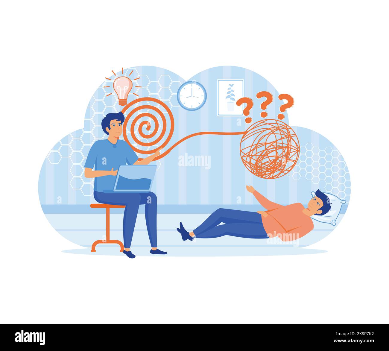 Psicoterapia, disfarsi di situazioni complesse, concetto di psichiatria sociale, terapista e paziente. illustrazione moderna vettoriale piatta Illustrazione Vettoriale