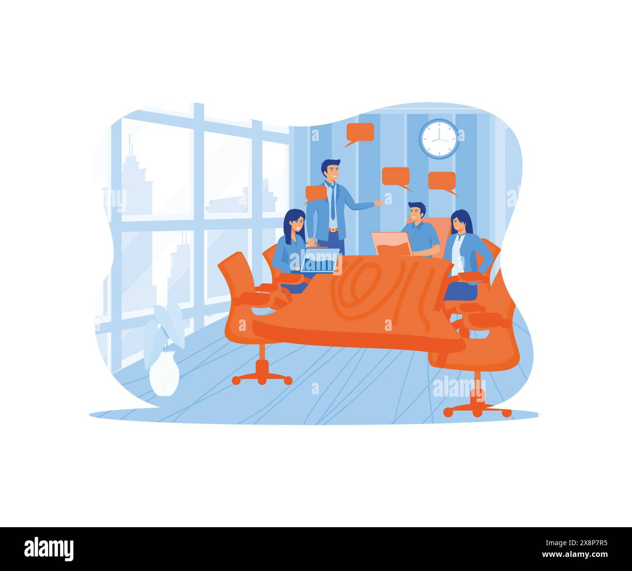 Team di persone sedute alla scrivania con laptop che lavorano insieme. Riunione dei colleghi. Concetto di lavoro di squadra. illustrazione moderna vettoriale piatta Illustrazione Vettoriale