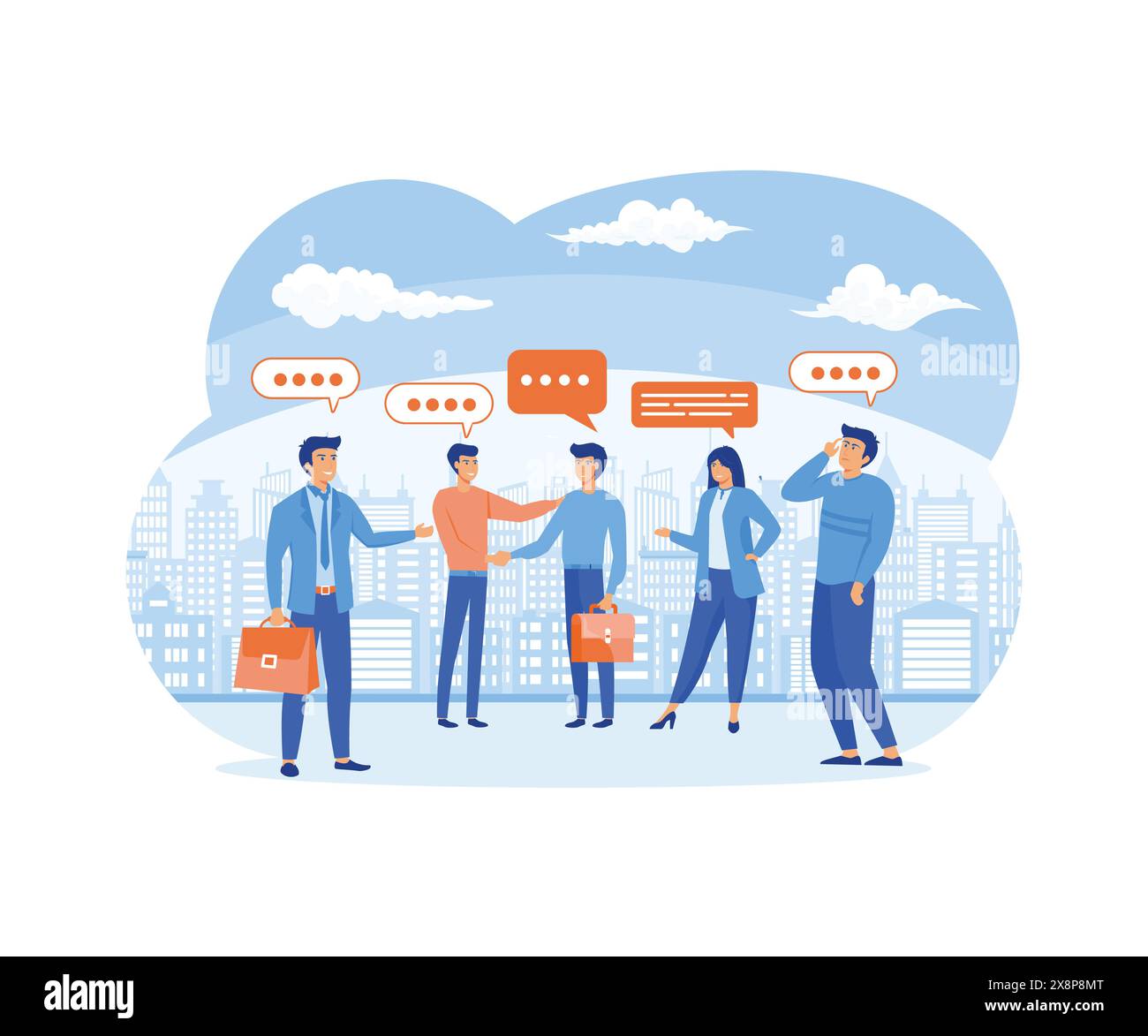 Un collega del team aziendale che discute di lavoro durante una riunione con bolle di comunicazione. Discussione, conversazione, riunione, comunicazione di gruppo, chat con i colleghi, opino Illustrazione Vettoriale
