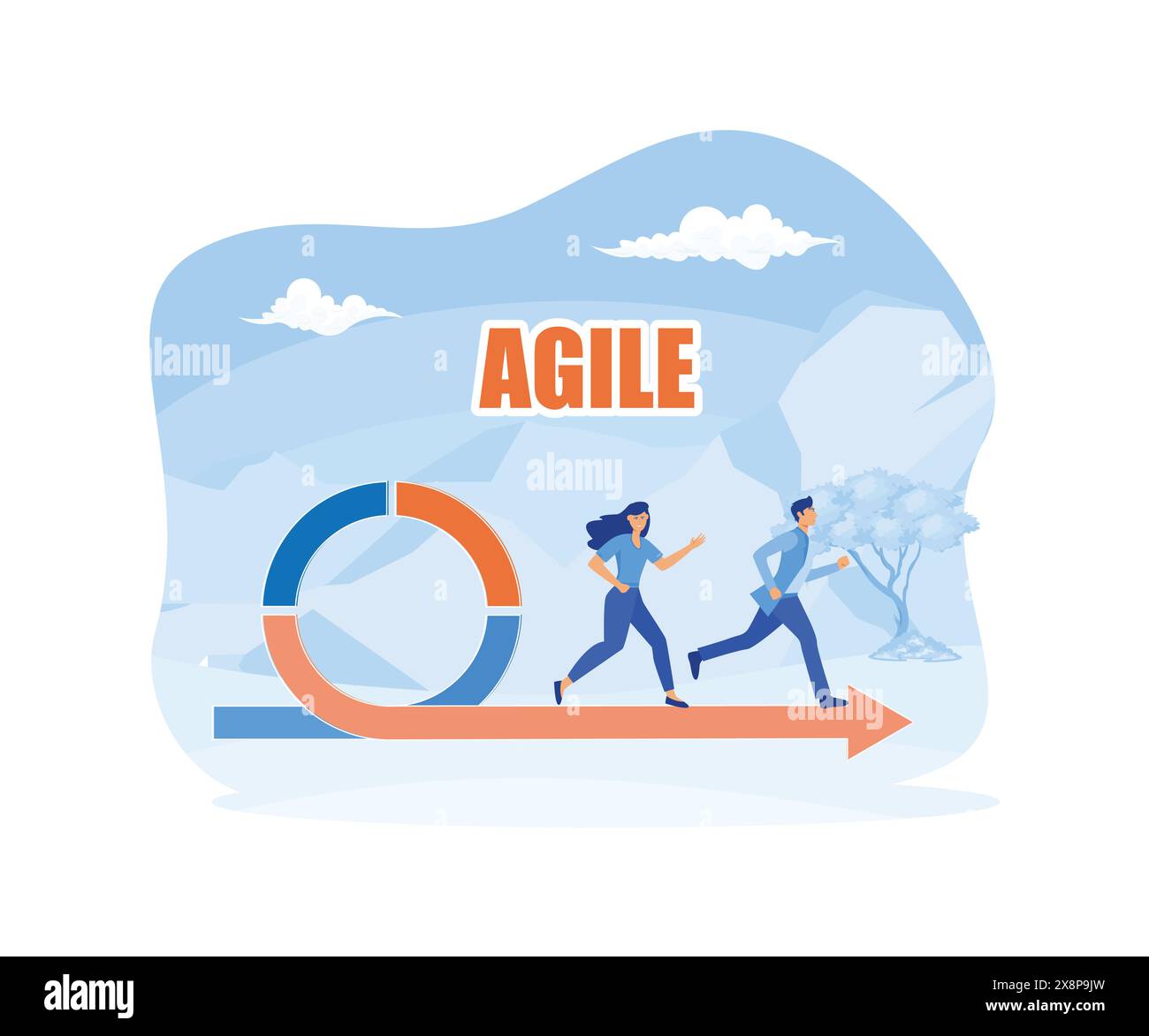 Metodologia di sviluppo agile. Persone che corrono verso il successo. Logo del processo di sviluppo flessibile. illustrazione moderna vettoriale piatta Illustrazione Vettoriale