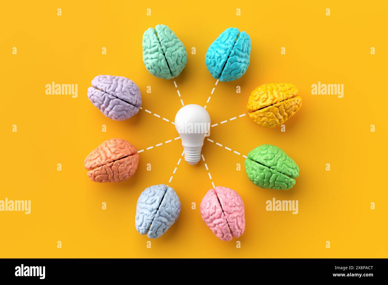 Lavoro di squadra e generazione di idee creative. Brainstorming, innovazione e collaborazione. Lampadina circondata da cervelli umani colorati. Rendering 3D. Foto Stock