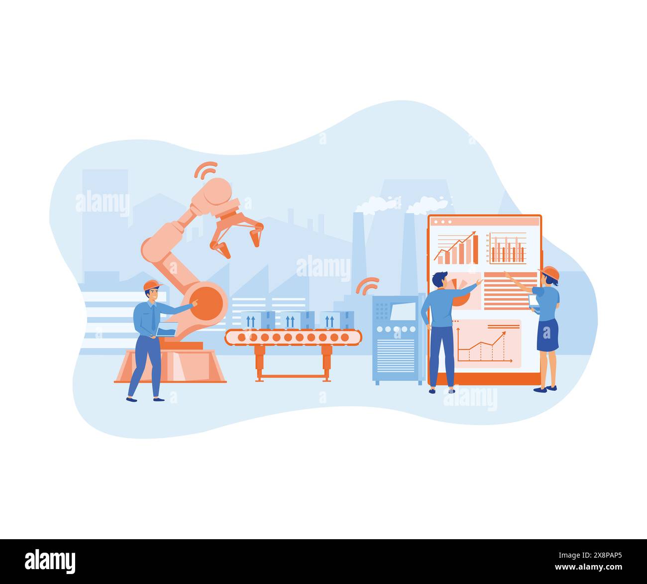 Smart Factory e lavoratori che utilizzano la tecnologia wireless per controllare. Per il flusso di lavoro con un dispositivo intelligente. illustrazione moderna vettoriale piatta Illustrazione Vettoriale