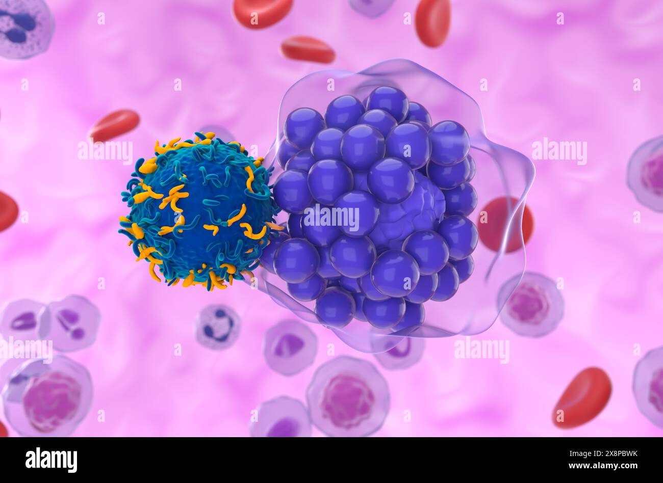 Terapia con cellule T di CAR nel linfoma diffuso a grandi cellule B (DLBCL) - Vista ravvicinata illustrazione 3d. Foto Stock