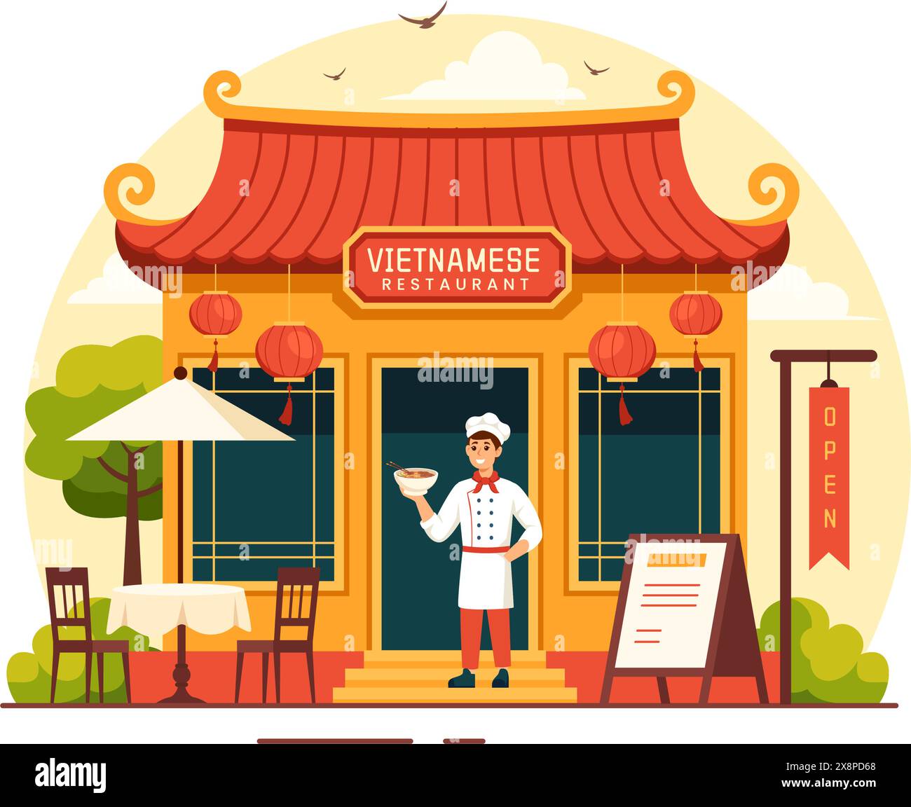 Ristorante vietnamita Vector illustrazione di Un menu che presenta una collezione di vari piatti della cucina deliziosa in uno sfondo di cartone animato in stile piatto Illustrazione Vettoriale