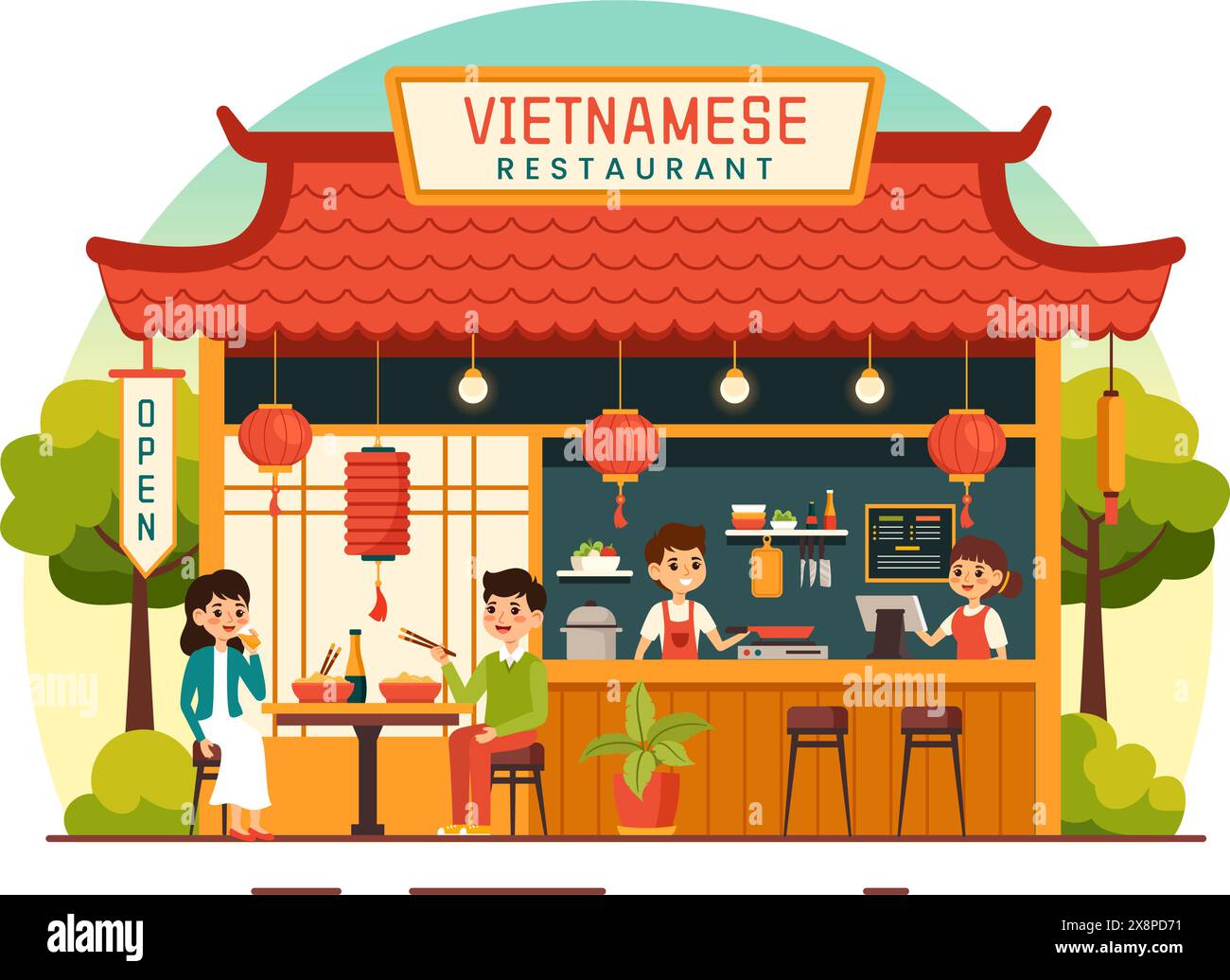 Ristorante vietnamita Vector illustrazione di Un menu che presenta una collezione di vari piatti della cucina deliziosa in uno sfondo di cartone animato in stile piatto Illustrazione Vettoriale