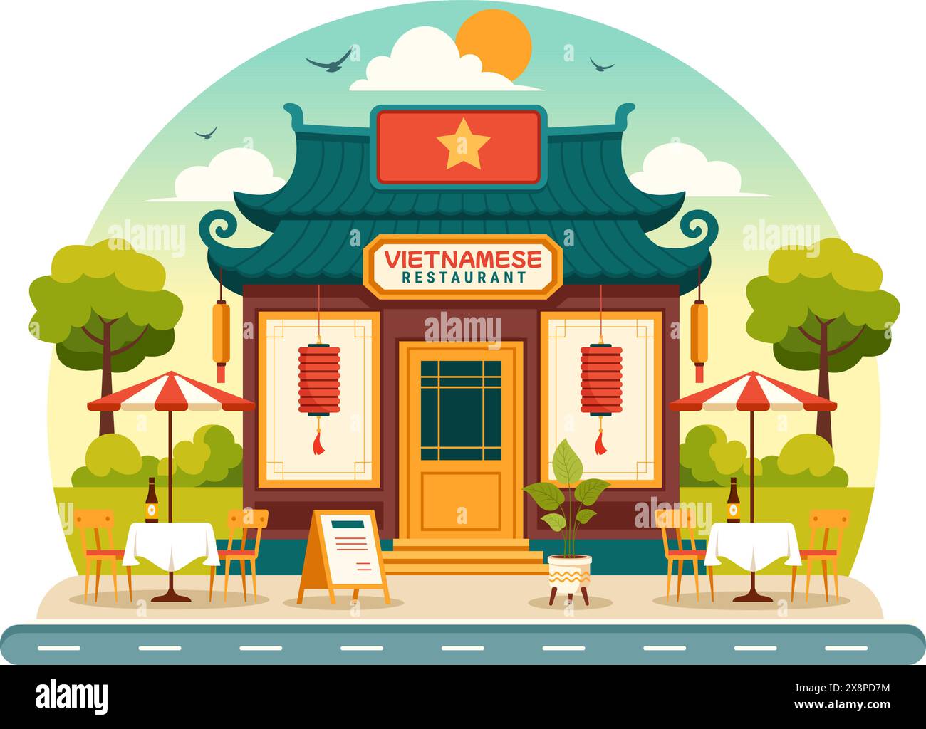 Ristorante vietnamita Vector illustrazione di Un menu che presenta una collezione di vari piatti della cucina deliziosa in uno sfondo di cartone animato in stile piatto Illustrazione Vettoriale