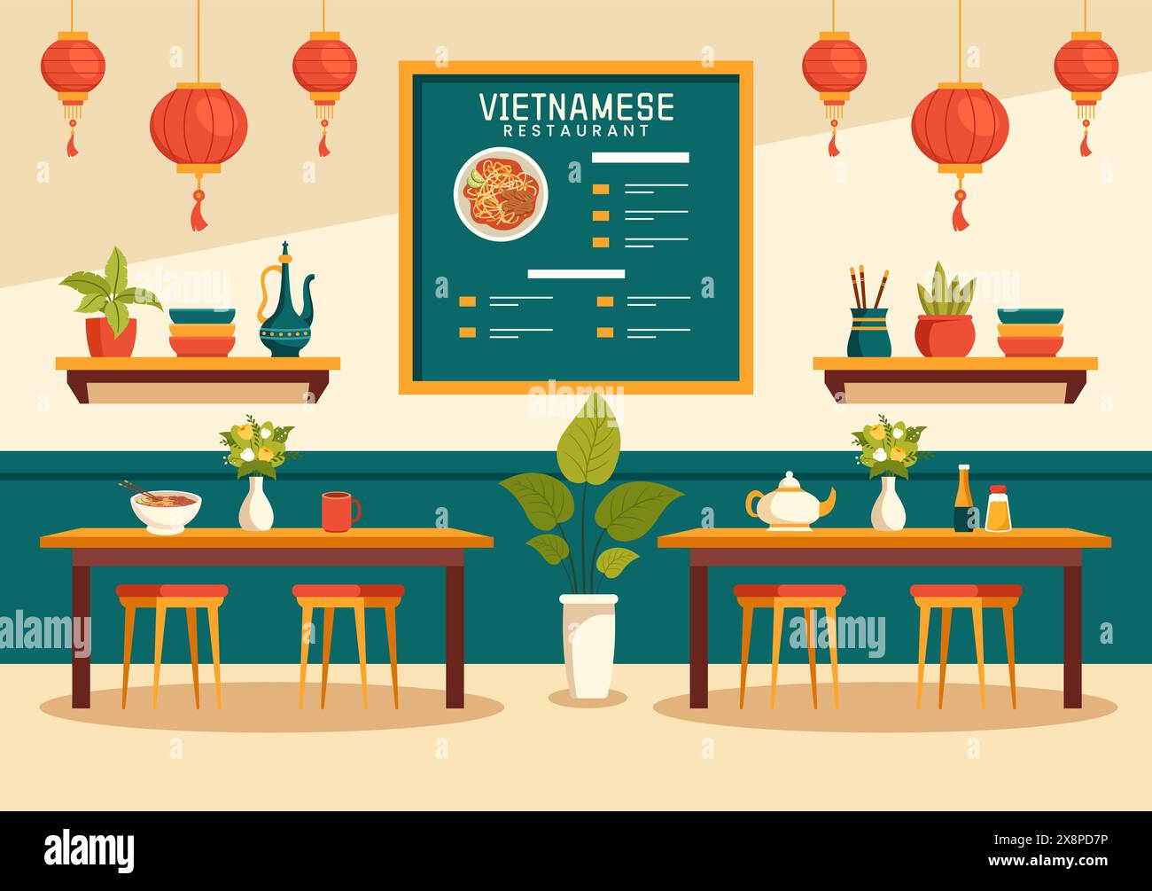 Ristorante vietnamita Vector illustrazione di Un menu che presenta una collezione di vari piatti della cucina deliziosa in uno sfondo di cartone animato in stile piatto Illustrazione Vettoriale