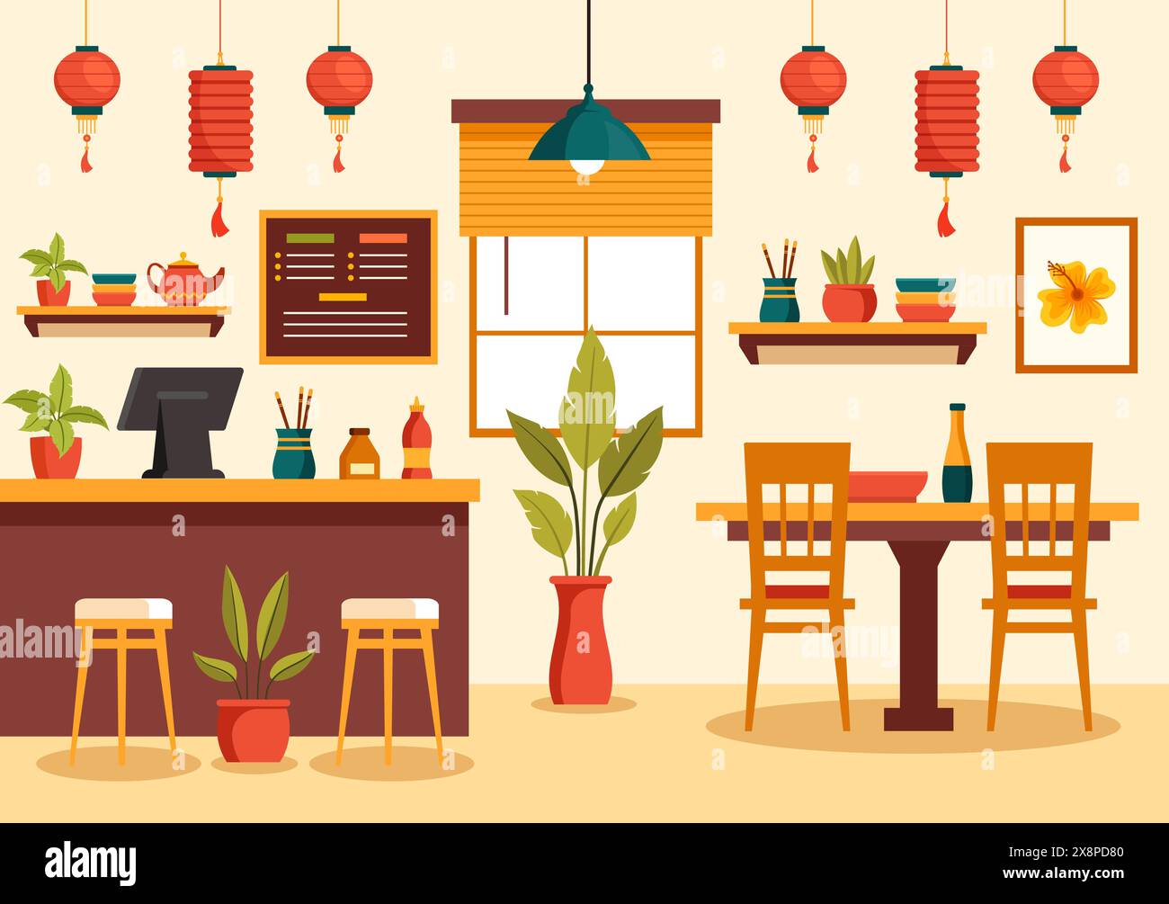 Ristorante vietnamita Vector illustrazione di Un menu che presenta una collezione di vari piatti della cucina deliziosa in uno sfondo di cartone animato in stile piatto Illustrazione Vettoriale