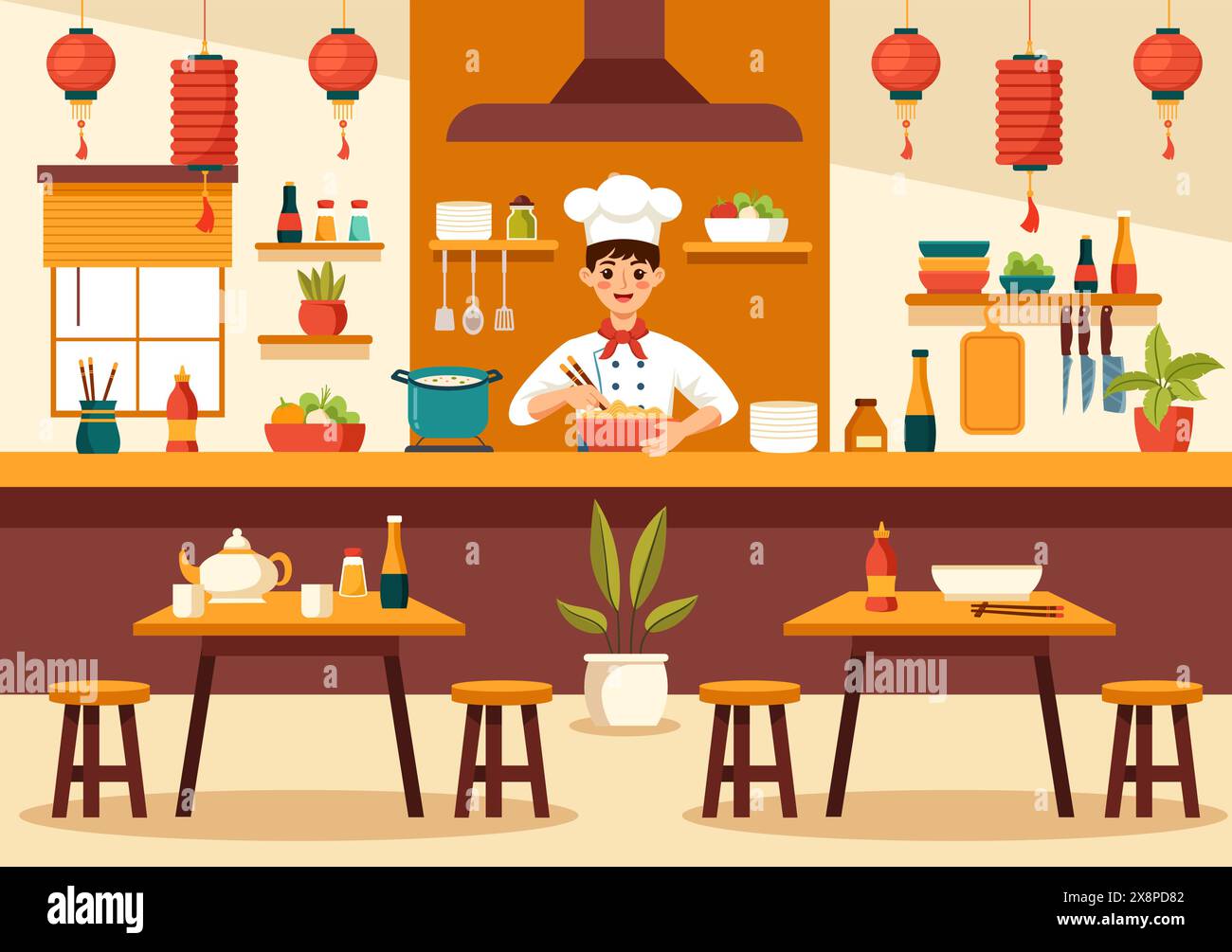 Ristorante vietnamita Vector illustrazione di Un menu che presenta una collezione di vari piatti della cucina deliziosa in uno sfondo di cartone animato in stile piatto Illustrazione Vettoriale