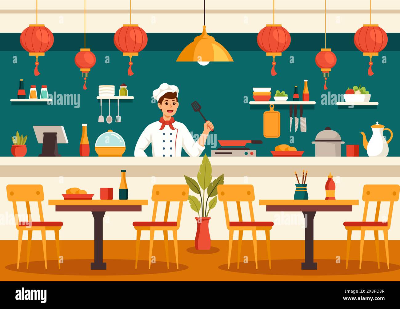 Ristorante vietnamita Vector illustrazione di Un menu che presenta una collezione di vari piatti della cucina deliziosa in uno sfondo di cartone animato in stile piatto Illustrazione Vettoriale