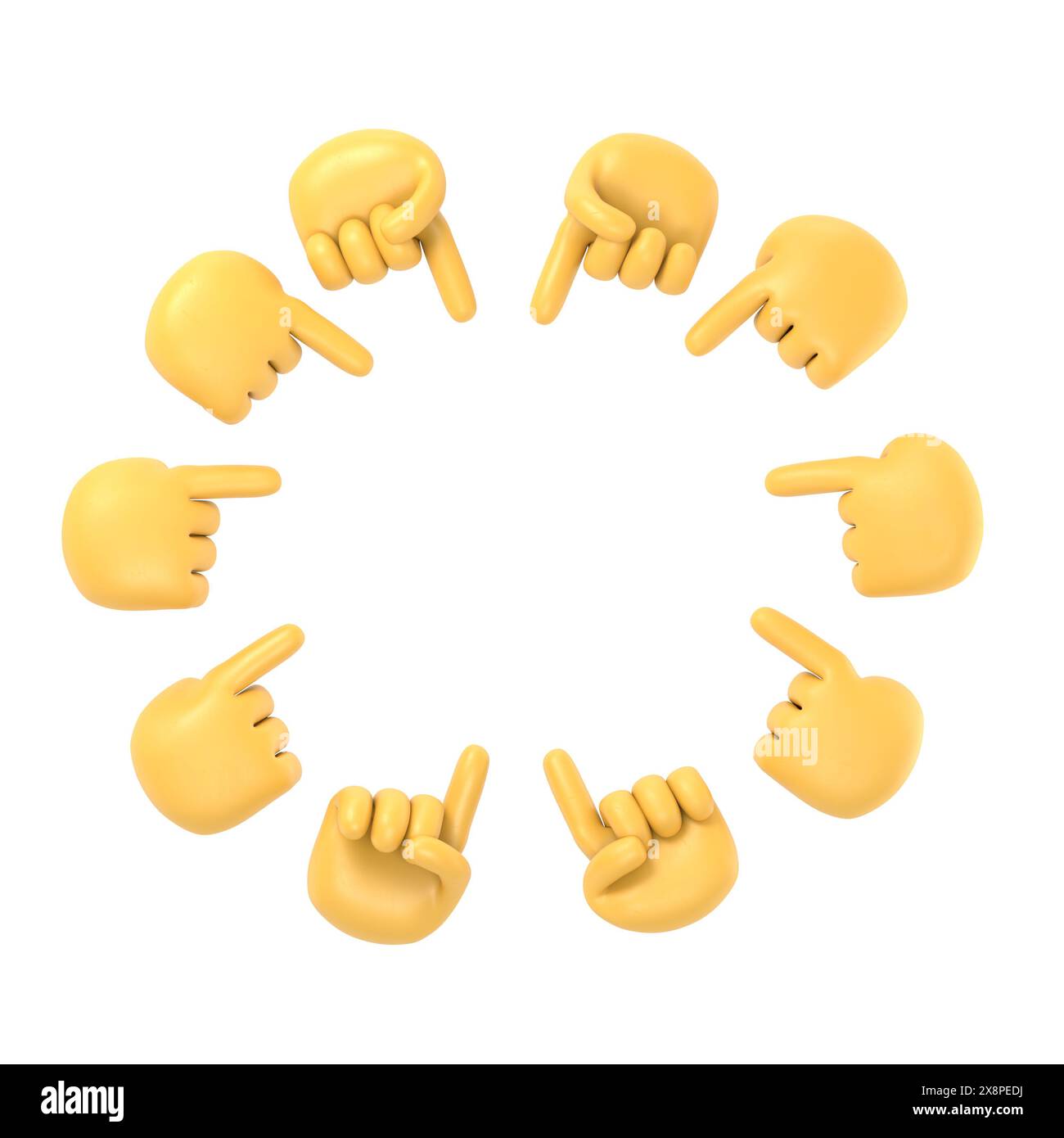 Icona movimento cartoni animati Mockup. Le dita puntano a un posto vuoto. Illustrazione piatta di scorta.rendering 3D su sfondo bianco. Foto Stock