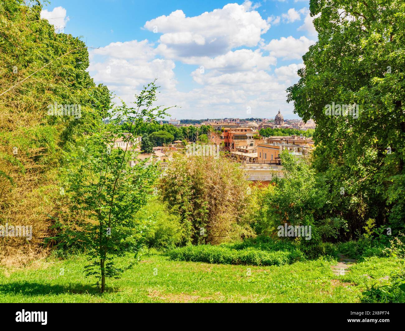 Vista di Roma dall'Orto Botanico di Roma, situato alle pendici del Gianicolo, nell'antico parco di Villa Corsini, un tempo residenza di Cristina di Svezia. La struttura dipende dal Dipartimento di Biologia ambientale dell'Università di Roma "la Sapienza" - Roma, Italia Foto Stock