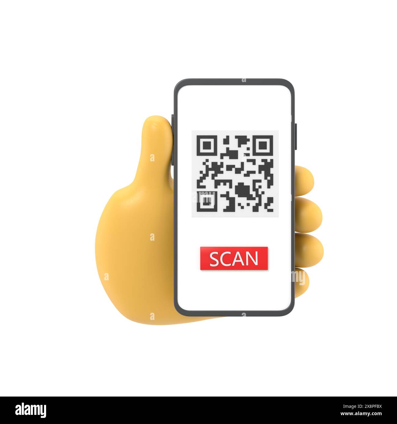 I cartoni animati 3d rendono le impugnature femminili dello smartphone e utilizzano il servizio di app mobile con il design del banner con codice QR di scansione. Tecnologia e concetto aziendale.rendering 3D. Foto Stock