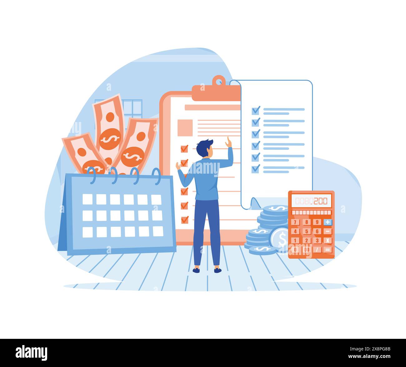 Concetto di reddito salariale. bonus annuale per il pagamento dello stipendio. pagamento con carta, calcolatrice, presentazione, social media e stampa. flat vector modern illustra Illustrazione Vettoriale