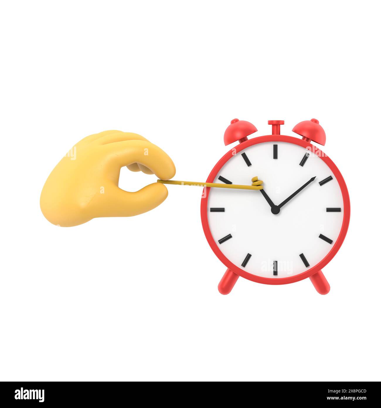 Concetto Stop Time. Metafora aziendale.illustrazione 3D design piatto. Uomo d'affari in tuta, indietro la mano dell'ora. Scadenza. Gestione del tempo.rendering 3D attivato Foto Stock