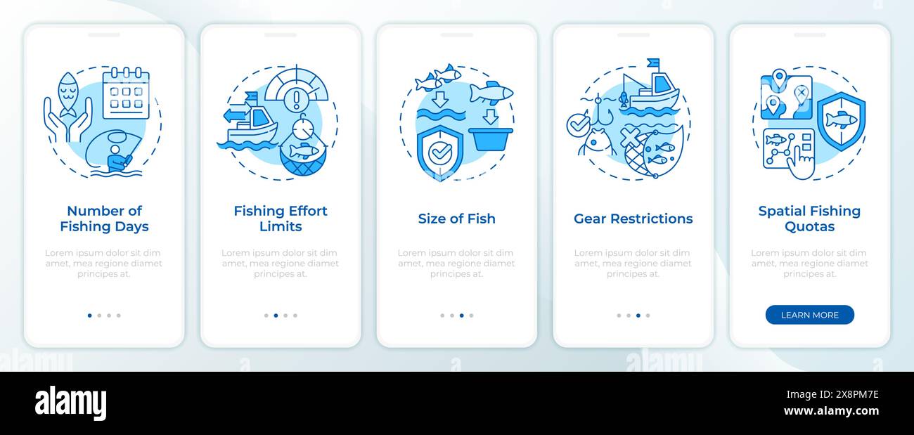 Schermata blu dell'app mobile onboarding per l'organizzazione del flusso di lavoro della pesca Illustrazione Vettoriale