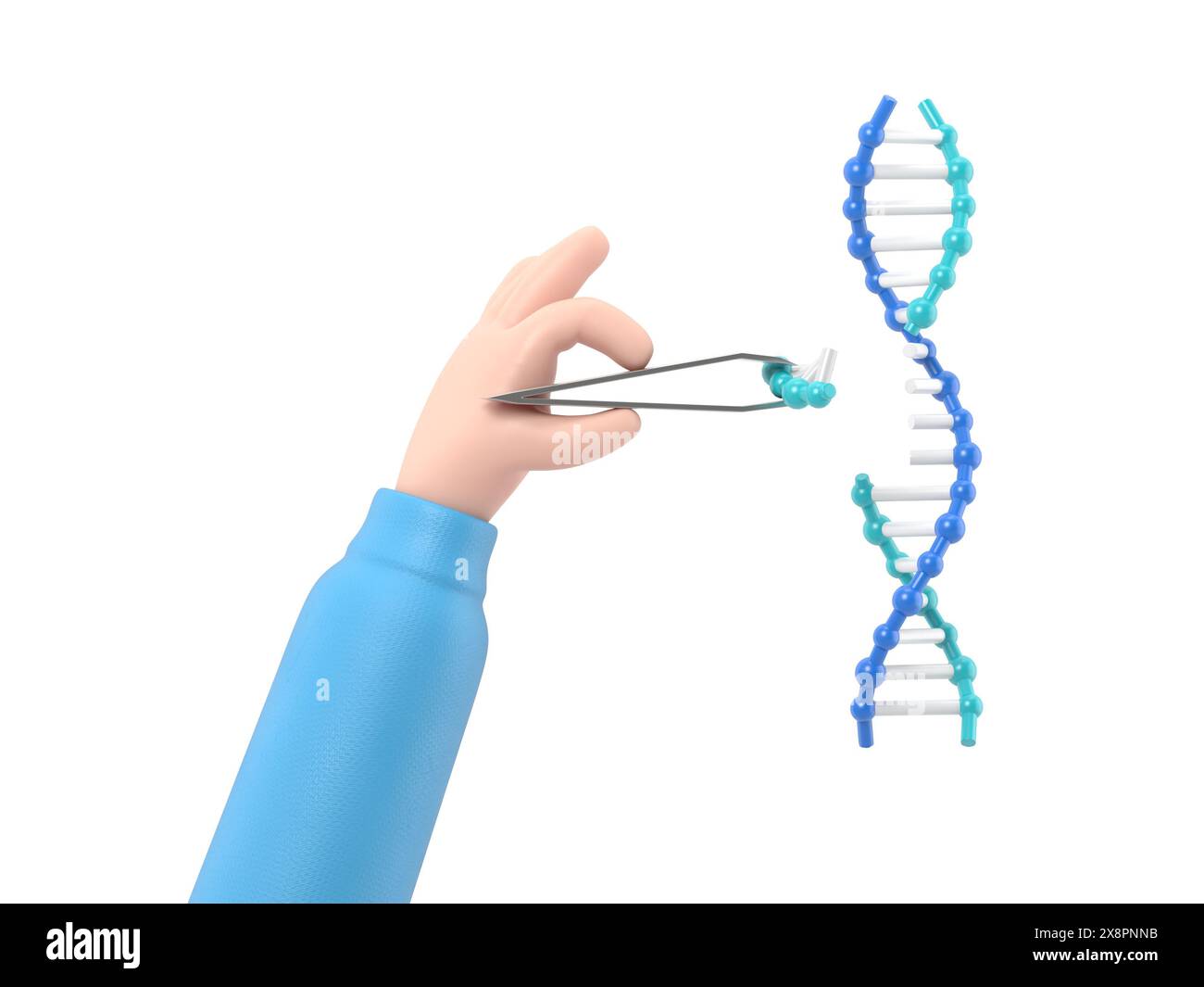 Icona movimento cartoni animati Mockup. Cambiare il concetto del DNA. DNA di manipolazione. Processo di sintesi. Il medico modifica l'elica. Ricerca di laboratorio.rendering 3D su bianco b Foto Stock