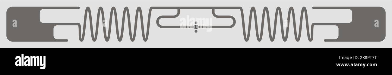 Adesivo RFID con microchip semiconduttore e antenna sinusoidale lunga con antenne. Etichetta ID a radiofrequenza flessibile su pellicola adesiva. Illustrazione vettoriale Illustrazione Vettoriale