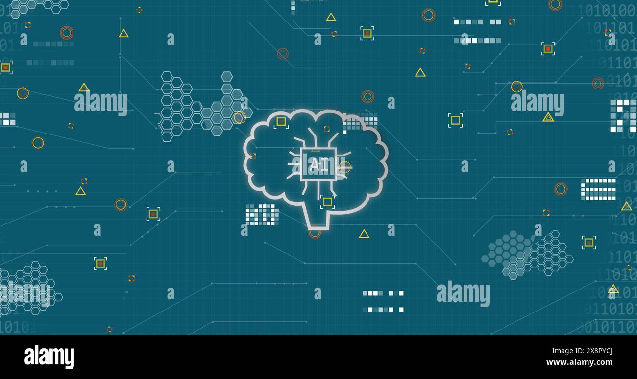 Immagine delle icone ai e dell'elaborazione dei dati su sfondo blu Foto Stock