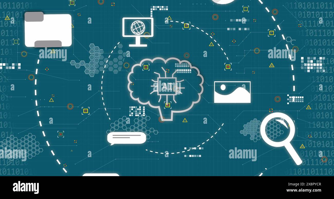 Immagine delle icone ai e dell'elaborazione dei dati su sfondo blu Foto Stock