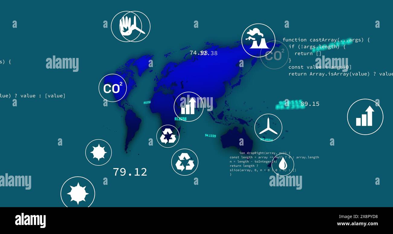 Immagine delle icone eco, elaborazione dati e mappa mondiale su sfondo blu Foto Stock