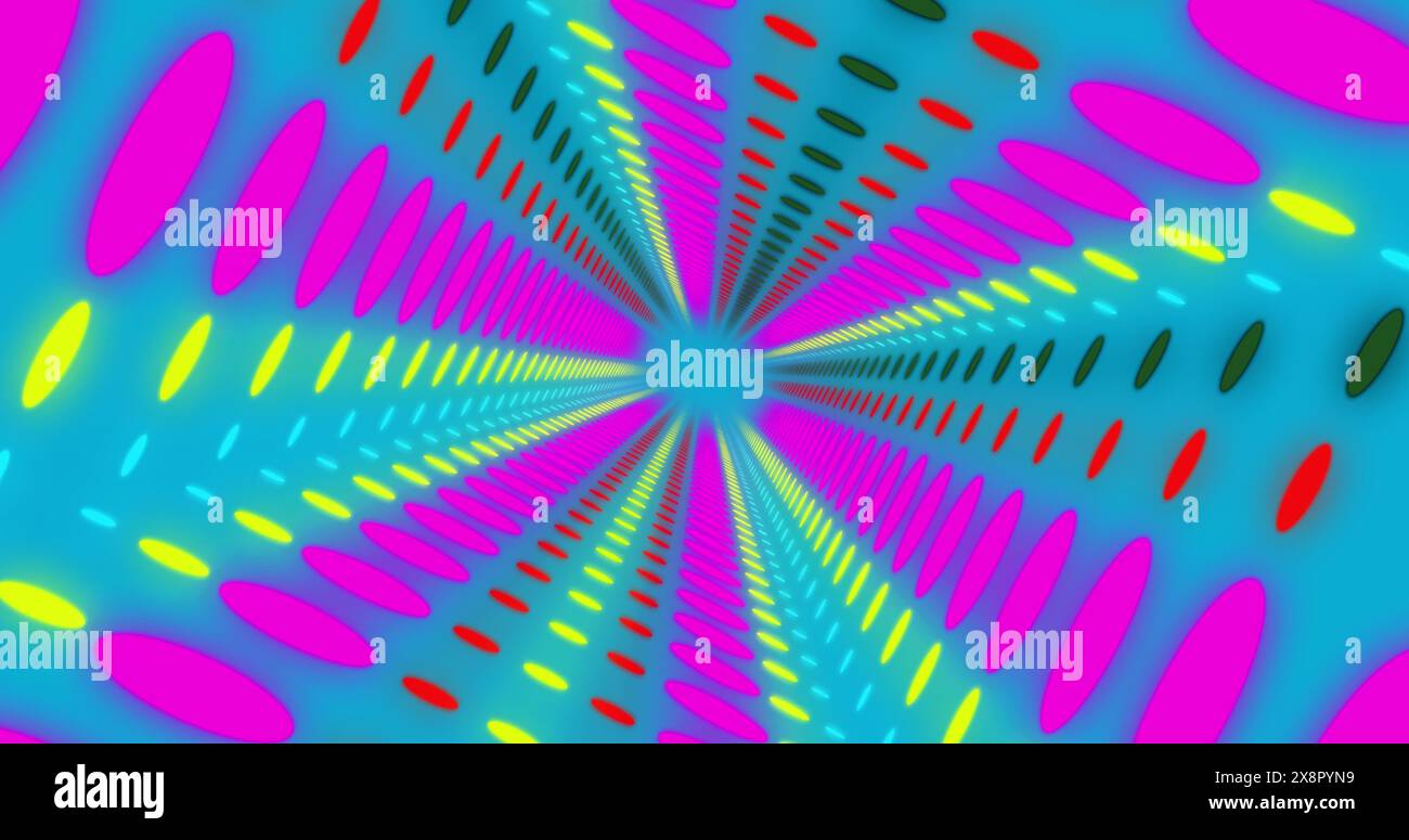 Immagine di un modello di cerchi al neon astratti in movimento su sfondo blu Foto Stock