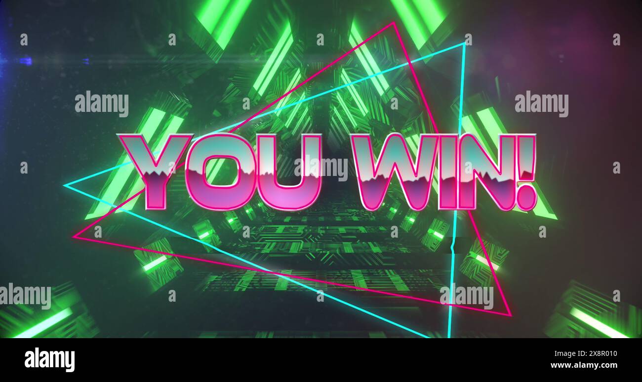 Immagine del testo con punteggi elevati su striscioni al neon contro il triangolo verde neon con motivo senza cuciture Foto Stock