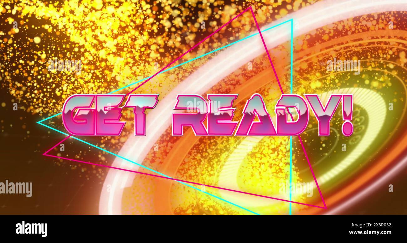 Immagine del banner di testo Get Ready su onde digitali luminose arancioni e scanner rotondo al neon Foto Stock