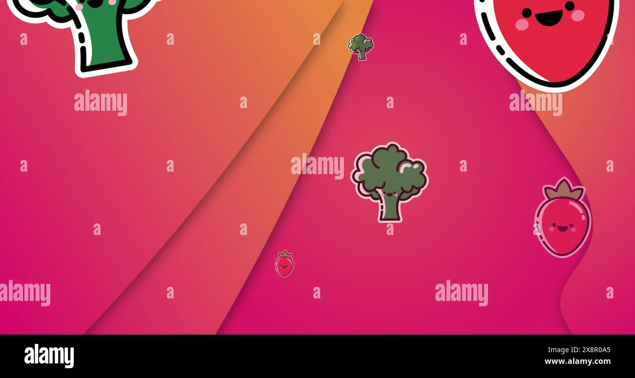 Immagine della caduta di broccoli e pomodori su un motivo astratto su sfondo rosa Foto Stock