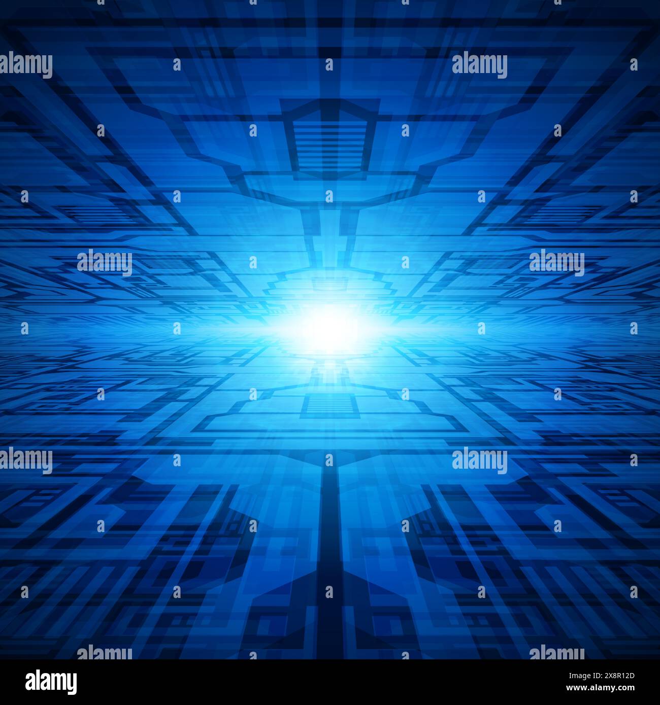 Un design astratto blu vibrante caratterizzato da un motivo geometrico di linee convergenti che portano a una raffica luminosa centrale. Illustrazione Vettoriale