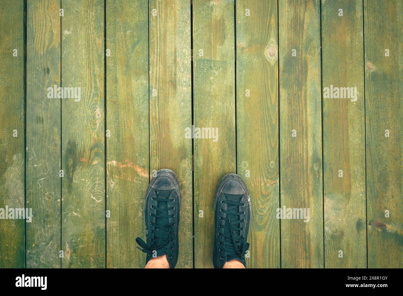 Vista dall'alto delle scarpe da ginnastica nere sporche su pavimenti in legno verde rustico come spazio per copiare, direttamente sopra Foto Stock