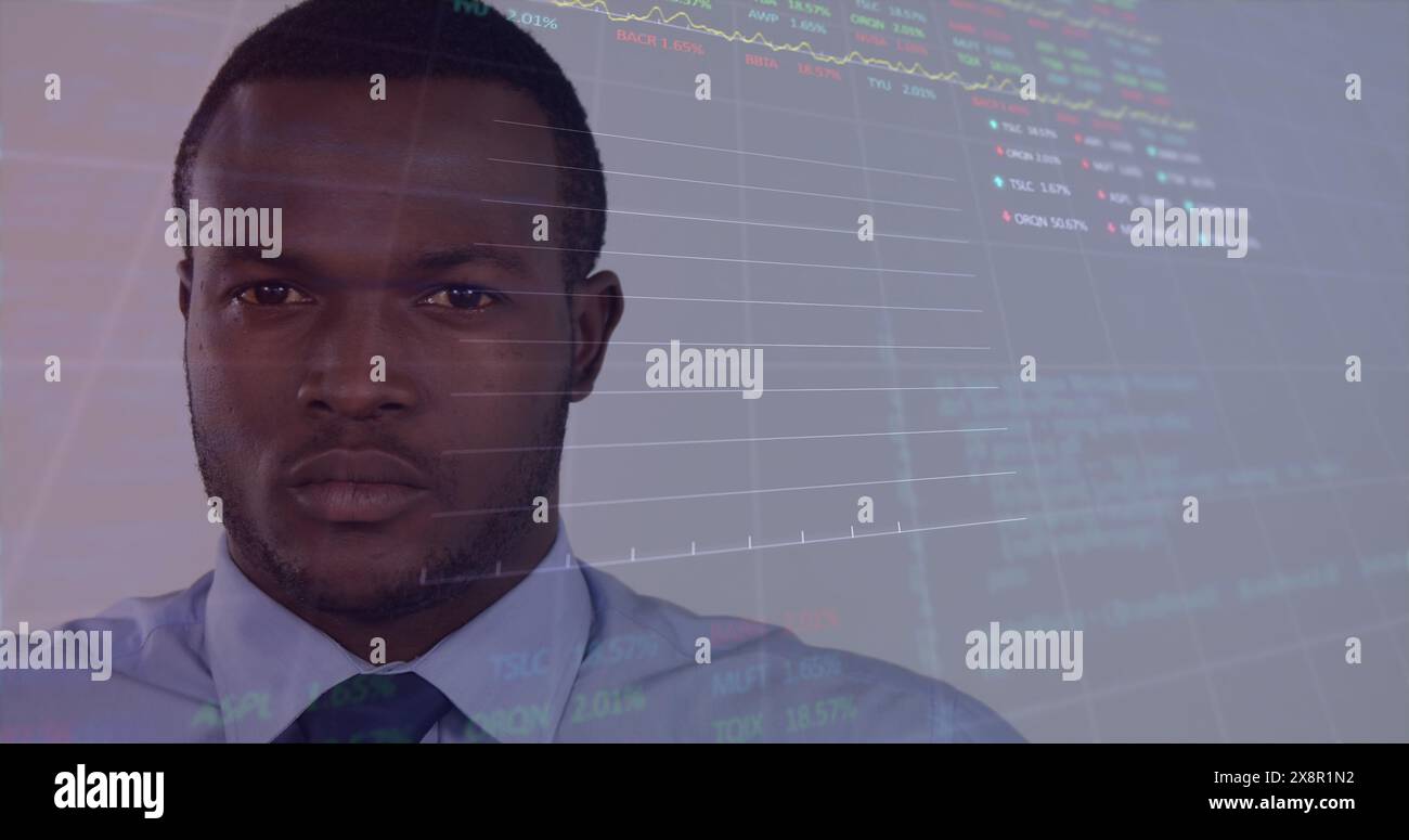 Immagine di più grafici e banchi di trading, uomo afroamericano che punta il dito verso la fotocamera Foto Stock