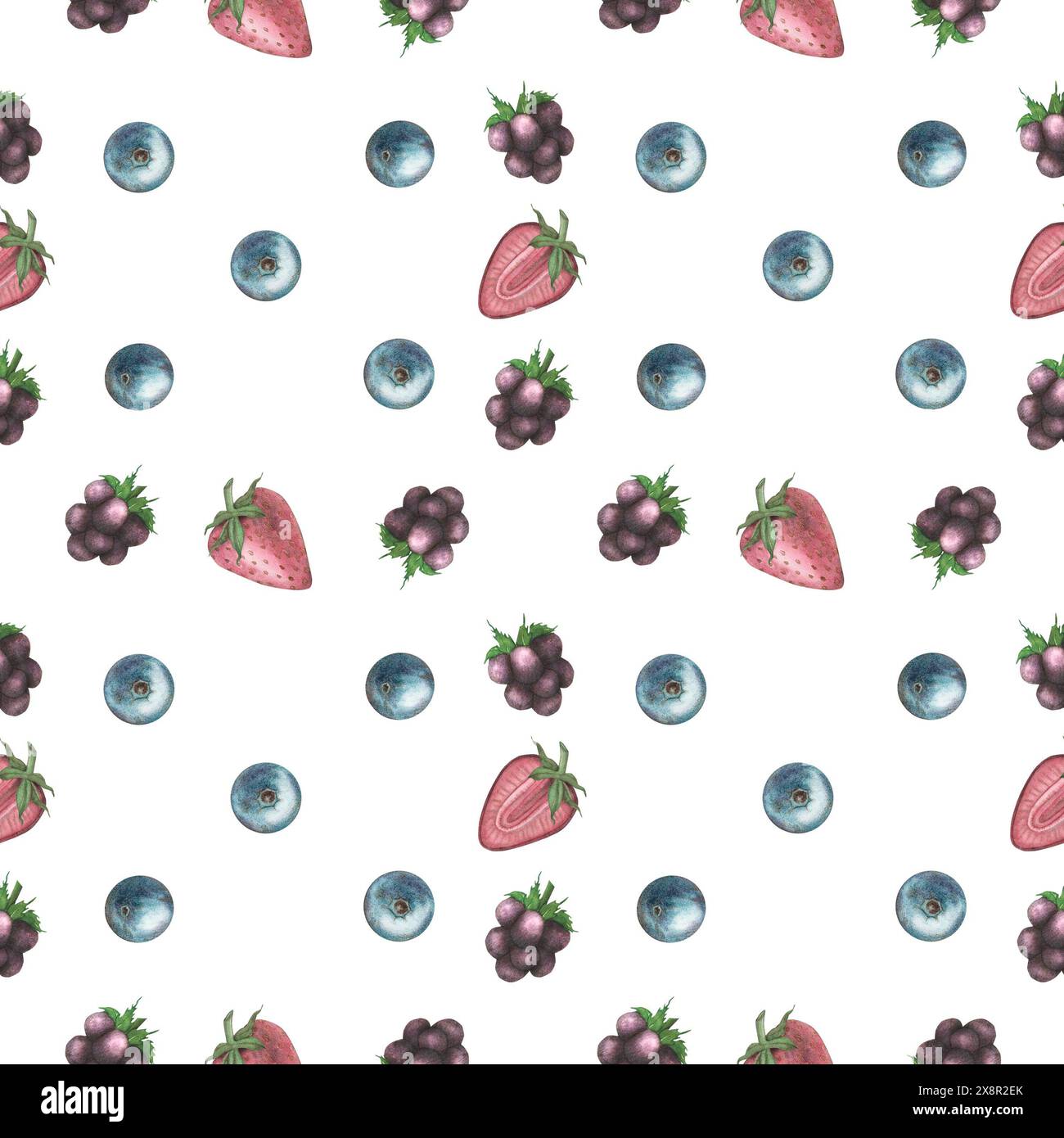 Motivo senza cuciture con bacche estive: Fragole, more, mirtilli. Una bacca da giardino in primo piano. Illustrazione acquerello su un bianco Foto Stock