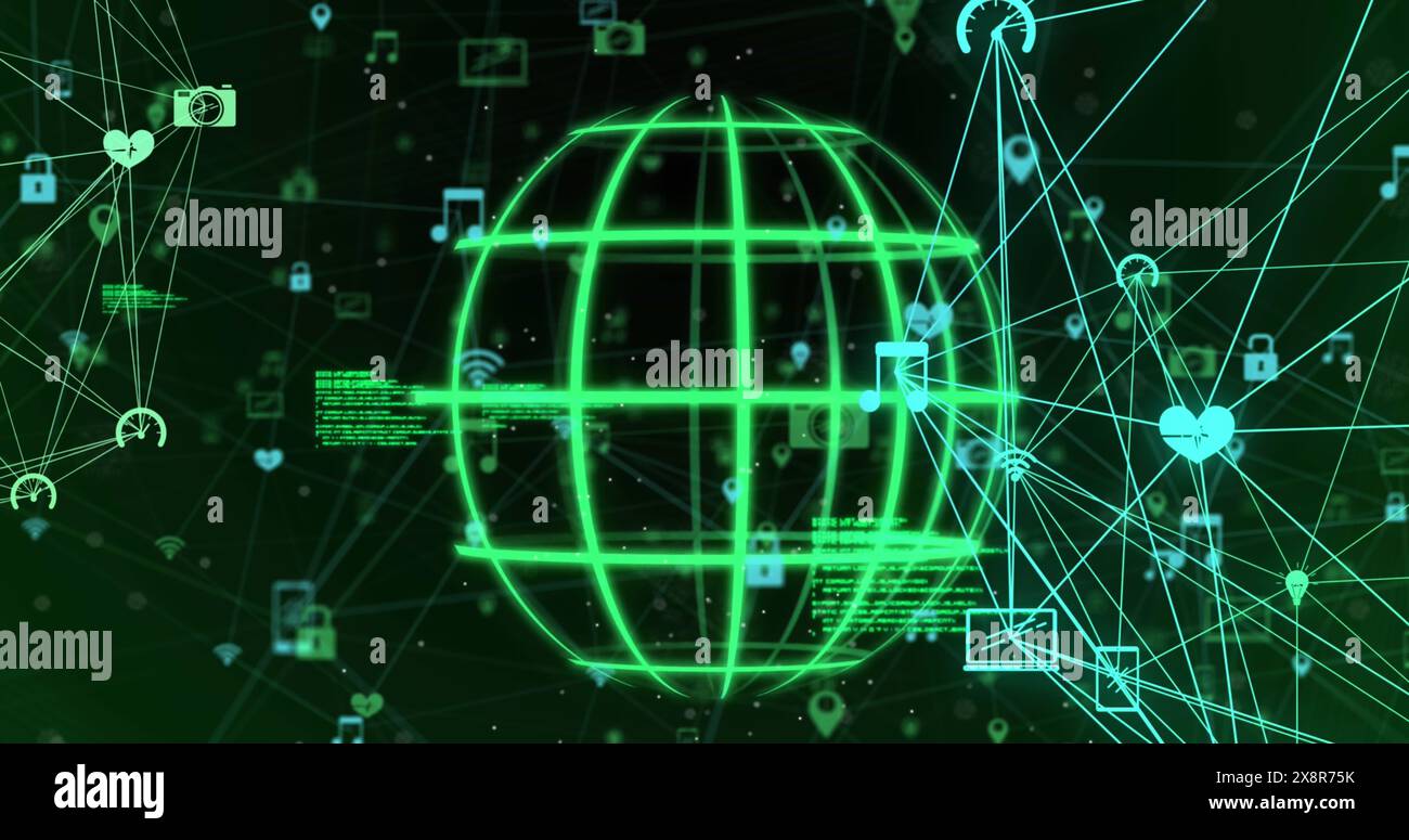 Immagine della rotazione del globo con icone delle applicazioni mobili connesse e linguaggio del computer Foto Stock