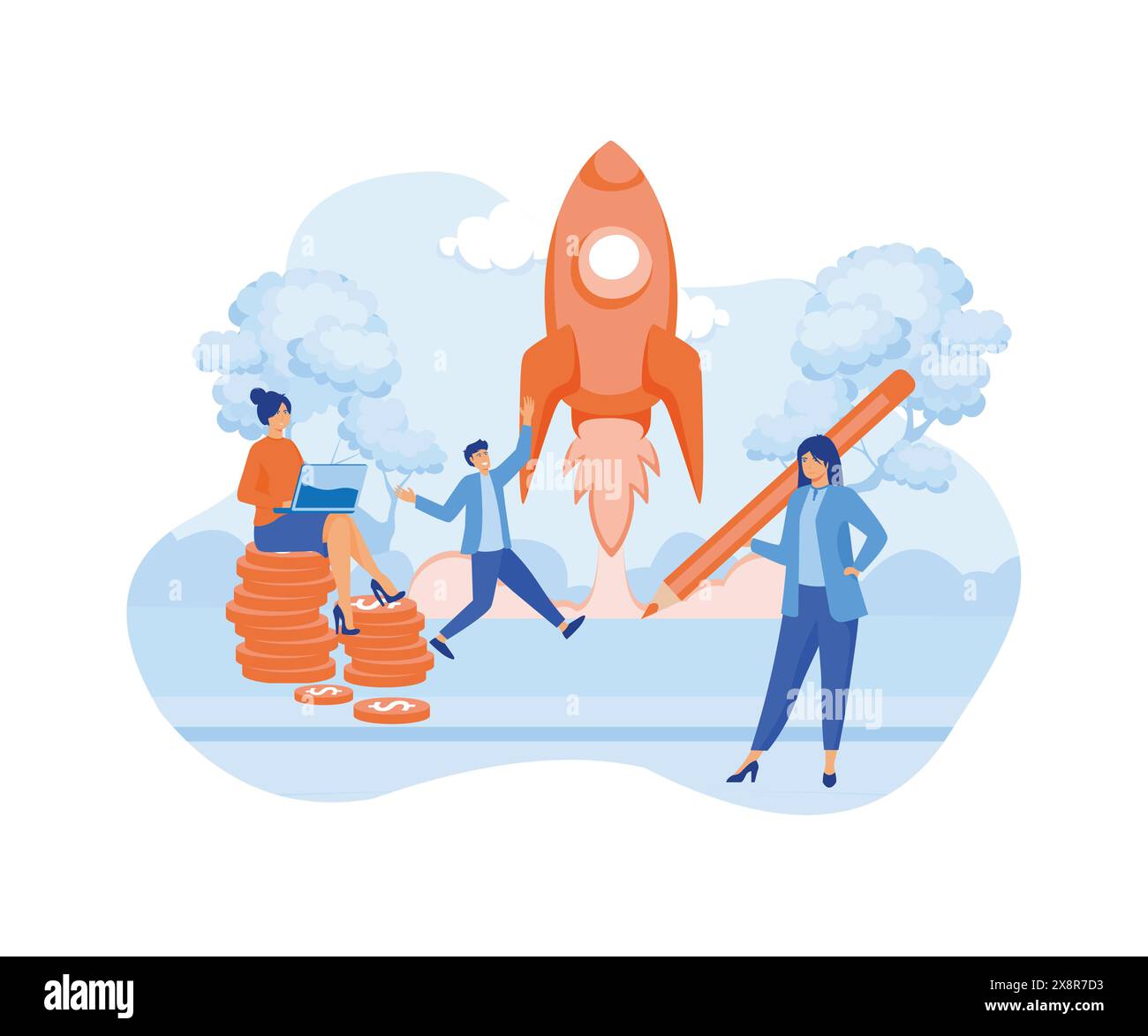 Startup lancia un nuovo concetto di business per i social media, avvio del progetto aziendale. Giovane azienda in crescita, lancio di razzi nello spazio. flat vector modern i Illustrazione Vettoriale