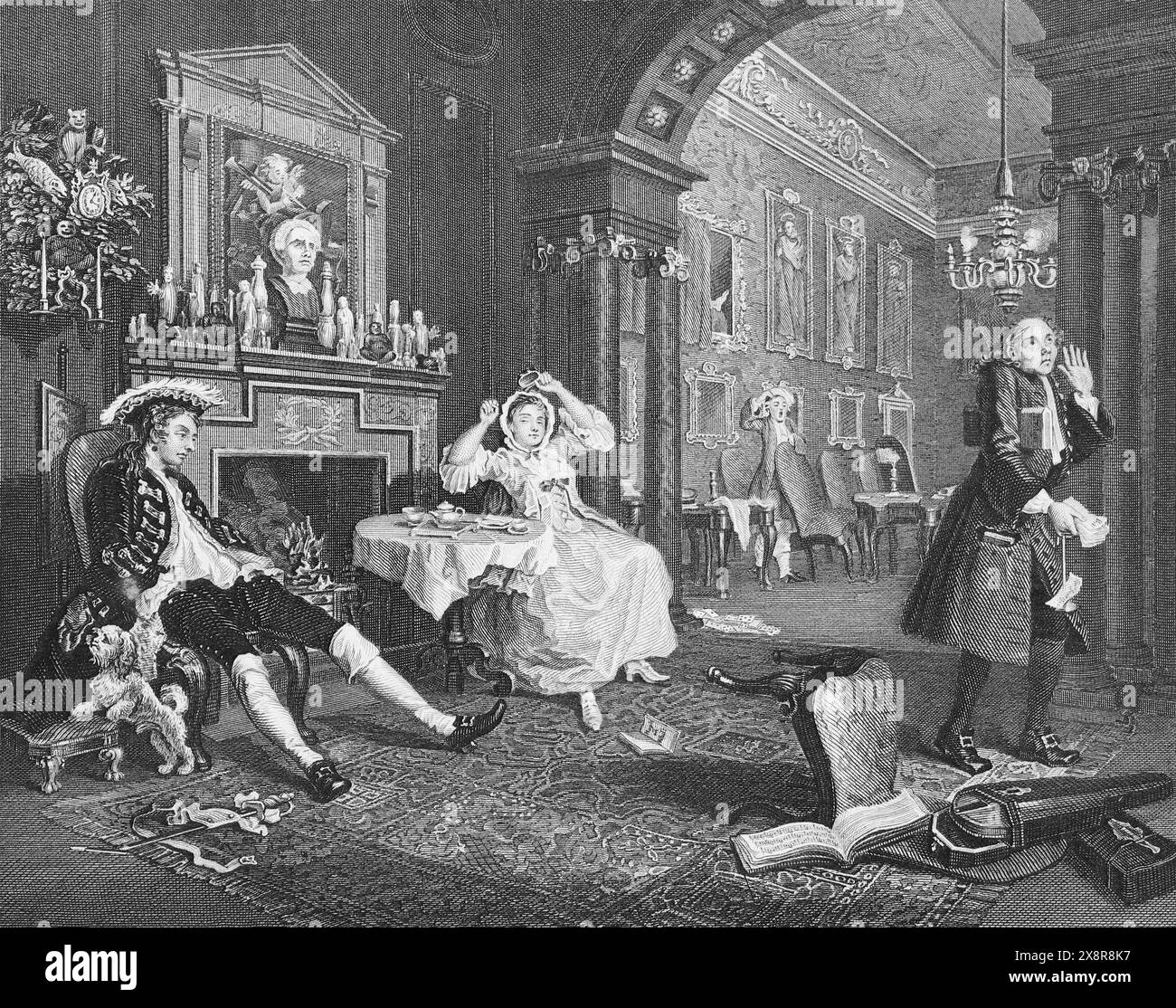 Illustrazione in bianco e nero: "Scena della colazione". Incisione su William Hogarth (1697 - 1764) dalla sua serie, "Marriage a la Mode" Foto Stock