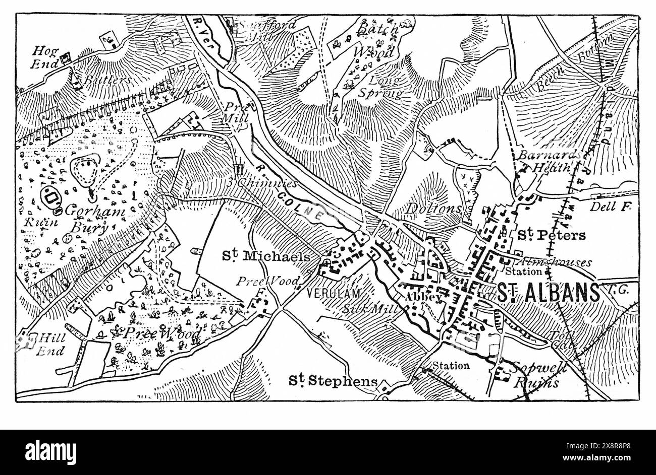 Mappa di St Albans, Hertfordshire; Inghilterra. Fine del XIX secolo. Illustrazione in bianco e nero da Our Own Country Vol III pubblicata da Cassell Foto Stock