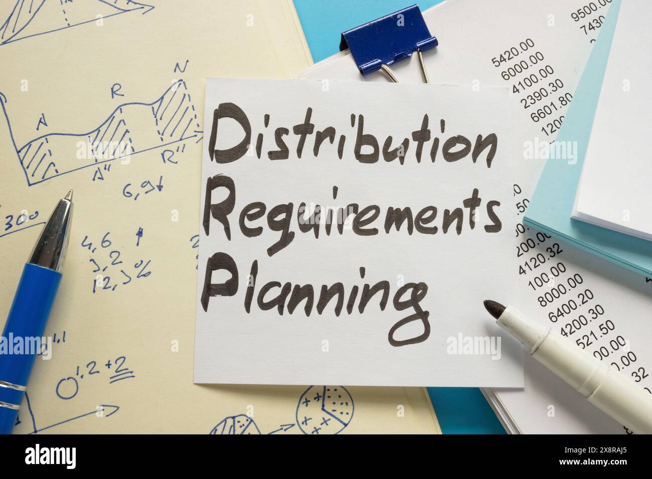 Pianificazione dei requisiti di distribuzione DRP e documenti con note. Foto Stock