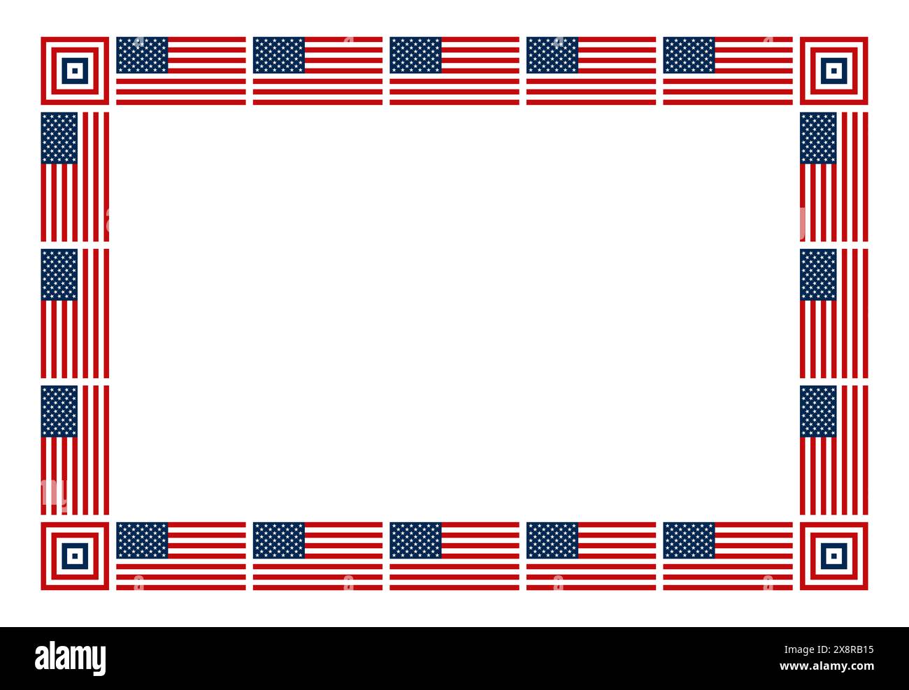 Bandiera americana, cornice rettangolare. Bordo decorativo rettangolare, costituito da bandiere nazionali degli Stati Uniti disposte in verticale e orizzontale. Foto Stock