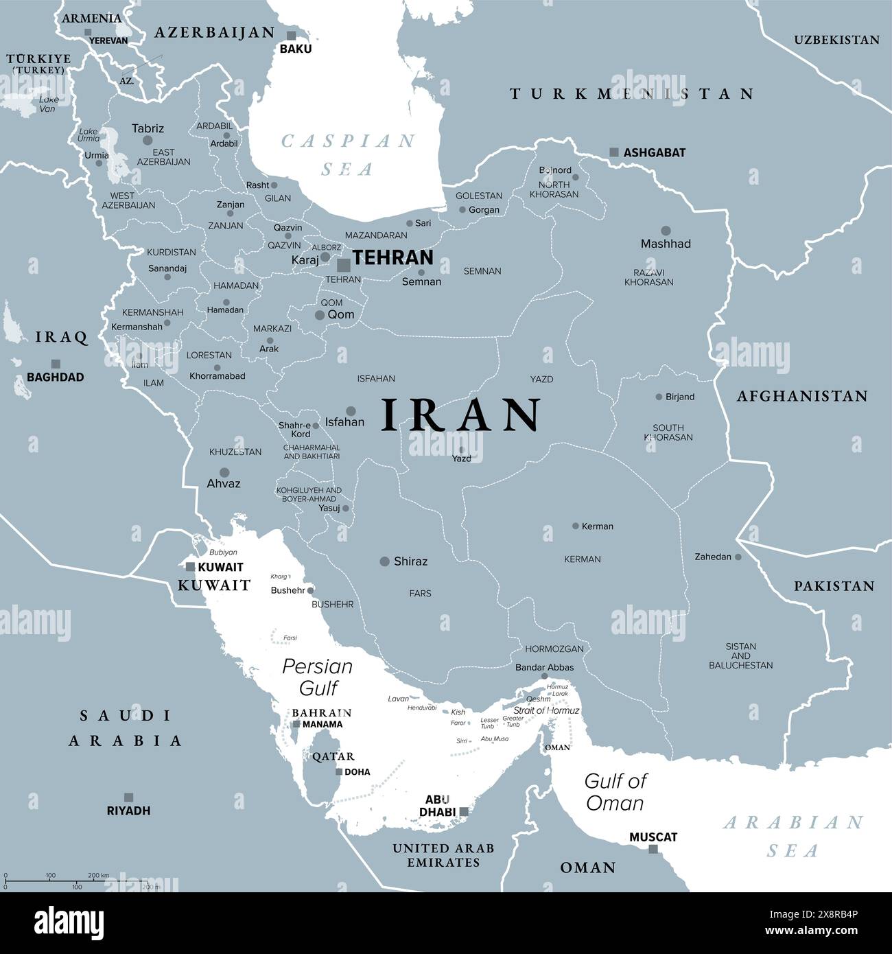 Iran con province, mappa politica grigia, con confini, Teheran capitale e grandi città. La Repubblica islamica dell'Iran, conosciuta anche come Persia. Foto Stock