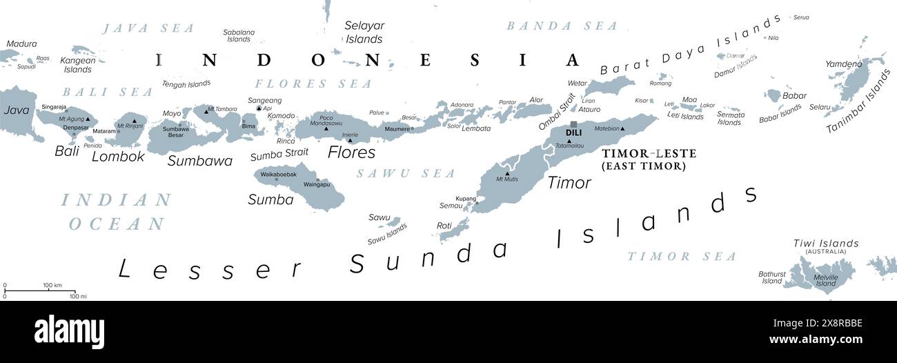 Isole della sonda minori, Indonesia, mappa politica grigia. Isole Nusa Tenggara, arcipelago nel sud-est asiatico. Parte dell'arco vulcanico della Sunda. Foto Stock