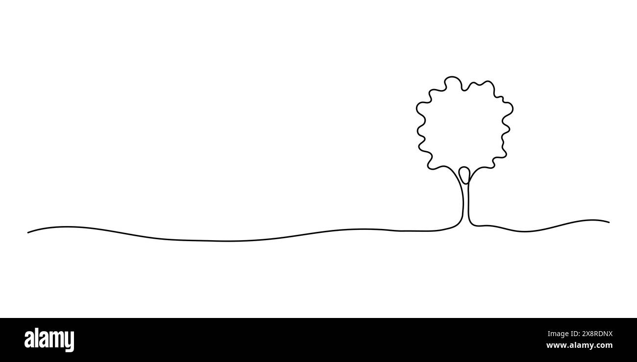Albero nello stile di un disegno a una linea su uno sfondo bianco. Disegno lineare nero albero simbolo di vita e fertilità. Illustrazione vettoriale della natura Illustrazione Vettoriale