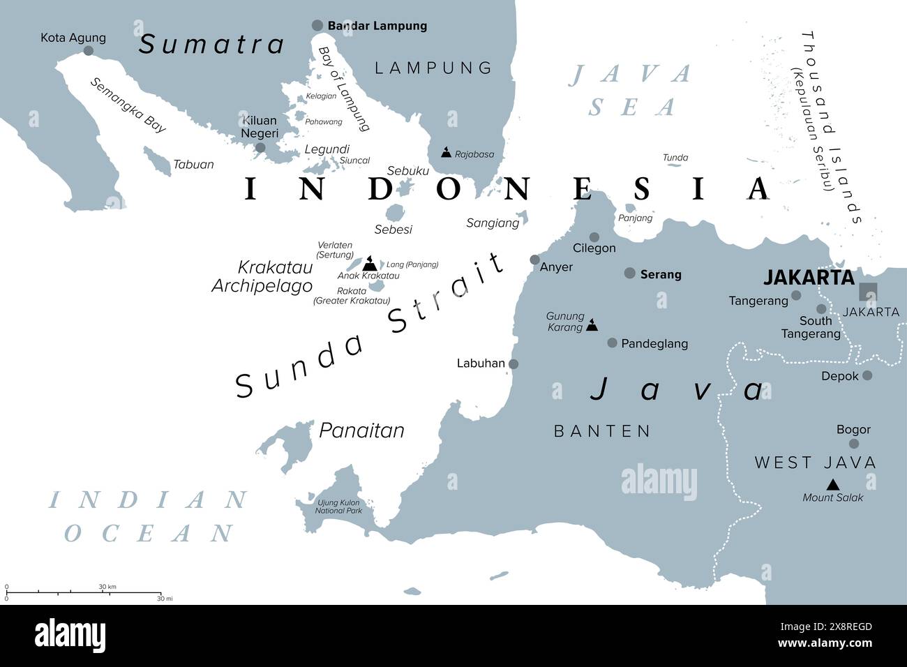 Canale della sonda, Indonesia, mappa politica grigia. Stretto tra le isole indonesiane di Giava e Sumatra, che collega il Mare di Giava con l'Oceano Indiano. Foto Stock