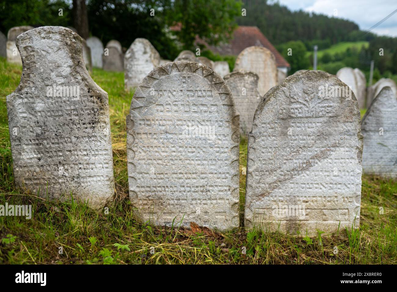 Lapidi presso il cimitero ebraico nella città di Rabí, repubblica Ceca. Realizzato in pietra calcarea bianca locale. Monumento culturale registrato. Foto Stock