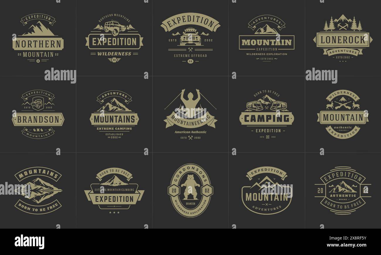 Modelli di logo e badge da campeggio elementi di design vettoriali e silhouette. Avventura all'aperto, montagne e campi forestali emblemi in stile vintage e l Illustrazione Vettoriale