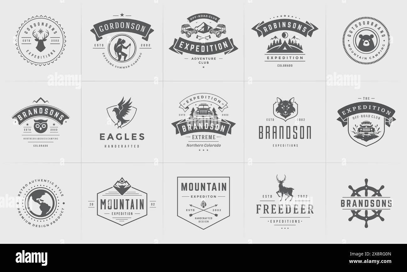 Modelli di logo e badge da campeggio elementi di design vettoriali e silhouette. Avventura all'aperto, montagne e campi forestali emblemi in stile vintage e l Illustrazione Vettoriale